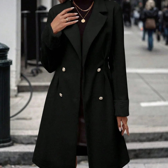 Black Casual Women's Lapel Neck Double Breasted Overcoat - Picture 1 of 6